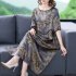 Women Large Size Dress Elegant Half Sleeves Retro Printed Round Neck A line Skirt Loose Casual Mid length Dress As shown M