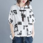 Women Large Size T shirt Summer Short Sleeves Trendy Retro Printed Blouse Loose Casual Round Neck Tops White L