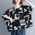 Women Large Size T shirt Summer Short Sleeves Trendy Retro Printed Blouse Loose Casual Round Neck Tops black XL