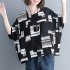Women Large Size T shirt Summer Short Sleeves Trendy Retro Printed Blouse Loose Casual Round Neck Tops black L