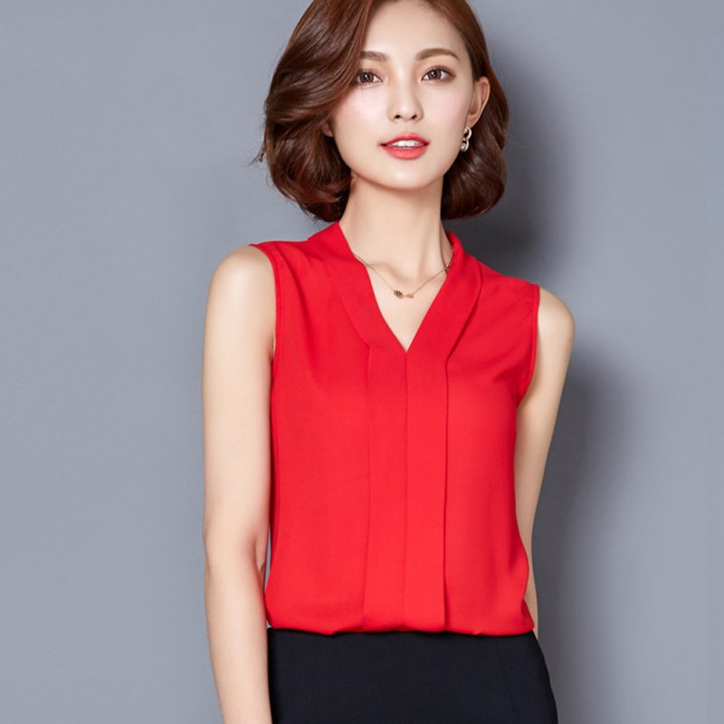 Women Large-size Chiffon Blouse V-neck T-shirt XFS2-red_S
