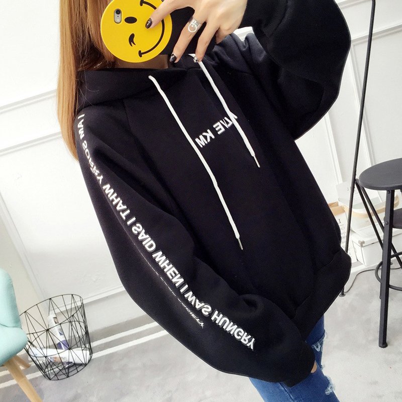 Women Letter Printed Thickened Loose Hooded Long Sleeve Warm Large Size Sweatshirts black_XXL