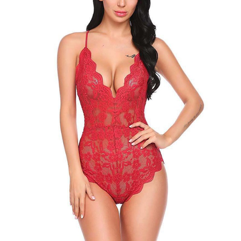 Women Lingerie Snap Crotch Sexy Lace Bodysuit Slim Fit Deep V Backless Underwear