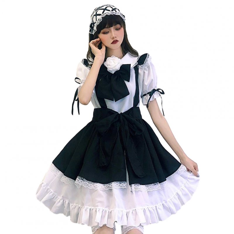 Women Lolita Maid Dress Black Apron Headdress Hair Band Bowknot Set 5pcs/set_XL