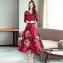 Women Long Dress V neck Retro Printing Flower High Waist Long Sleeves Spring Autumn Dress Green M