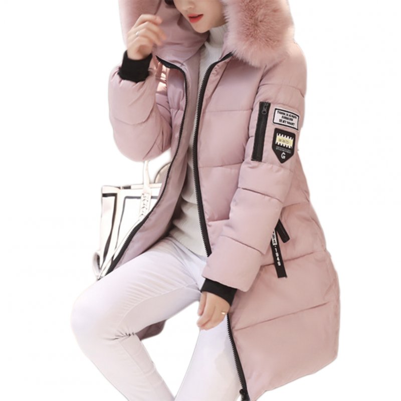 Women Long Fashion Style Slender Body Large Collars Cotton Down Jacket Warm Coat Pink_M