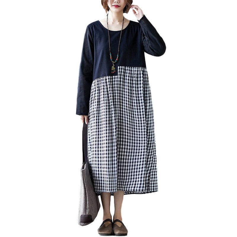 Women Long Sleeve Dress Autumn Winter Loose Oversize Cotton And Linen Dress With Round Neck Long Sleeves black_M
