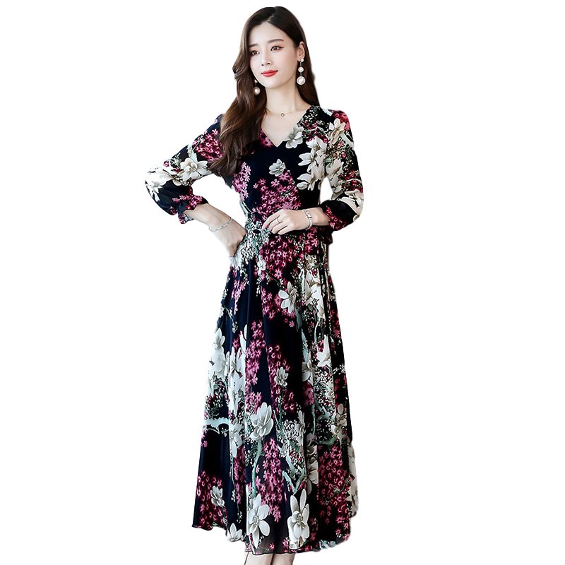 Women Long Sleeve Dress Fall Autumn Floral Printing Waisted V-neck Dress Pink_XXL