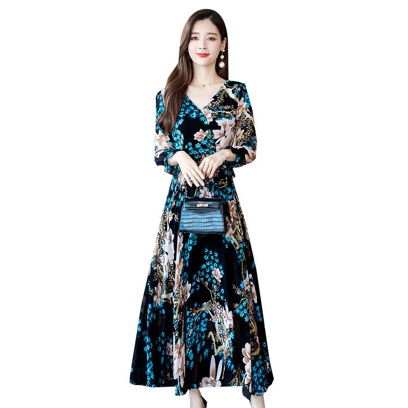 Women Long Sleeve Dress Fall Autumn Floral Printing Waisted V-neck Dress blue_XL