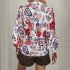 Women Long Sleeve Lapel T shirt Bohemian Printing Lantern Sleeve Blouse Single breasted Cardigan Tops White S