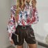 Women Long Sleeve Lapel T shirt Bohemian Printing Lantern Sleeve Blouse Single breasted Cardigan Tops White L
