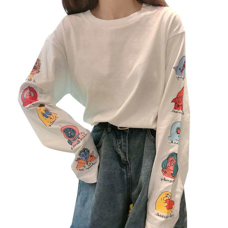 Women Long Sleeve T-shirt Cartoon Crew Neck Loose Funny Casual Pullover Tops white_XL