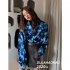 Women Long Sleeves Blouse Retro Flower Printing Cardigan Tops Casual Elegant Chiffon Shirt Navy blue XXL