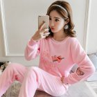 Women Long Sleeves Coral Flannel Pajamas Lovely Students Sweet Thickened Warm Flannel Homewear Suit Pink Panther L