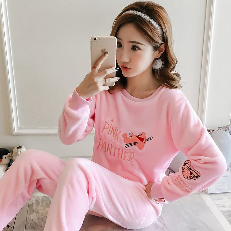 Women Long Sleeves Coral Flannel Pajamas Lovely Students Sweet Thickened Warm Flannel Homewear Suit Pink Panther_L