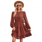 Women Long Sleeves Dress Summer Round Neck Slimming A-line Skirt Simple Solid Color Elegant Short Dress maroon L