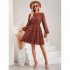 Women Long Sleeves Dress Summer Round Neck Slimming A line Skirt Simple Solid Color Elegant Short Dress dark apricot L
