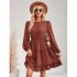 Women Long Sleeves Dress Summer Round Neck Slimming A line Skirt Simple Solid Color Elegant Short Dress dark apricot L