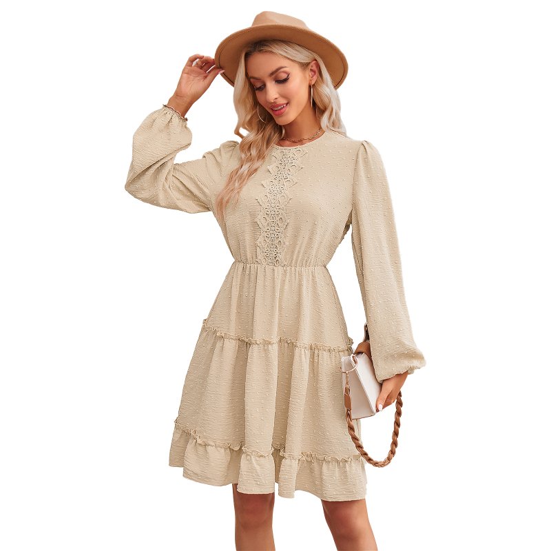 Women Long Sleeves Dress Summer Round Neck Slimming A-line Skirt Simple Solid Color Elegant Short Dress dark apricot L
