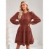 Women Long Sleeves Dress Summer Round Neck Slimming A line Skirt Simple Solid Color Elegant Short Dress dark apricot L