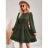 Women Long Sleeves Dress Summer Round Neck Slimming A line Skirt Simple Solid Color Elegant Short Dress dark apricot L