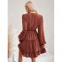 Women Long Sleeves Dress Summer Round Neck Slimming A line Skirt Simple Solid Color Elegant Short Dress dark apricot L