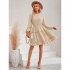 Women Long Sleeves Dress Summer Round Neck Slimming A line Skirt Simple Solid Color Elegant Short Dress dark apricot L
