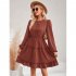 Women Long Sleeves Dress Summer Round Neck Slimming A line Skirt Simple Solid Color Elegant Short Dress dark apricot L