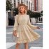 Women Long Sleeves Dress Summer Round Neck Slimming A line Skirt Simple Solid Color Elegant Short Dress dark apricot L