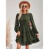 Women Long Sleeves Dress Summer Round Neck Slimming A line Skirt Simple Solid Color Elegant Short Dress dark apricot L