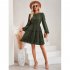 Women Long Sleeves Dress Summer Round Neck Slimming A line Skirt Simple Solid Color Elegant Short Dress dark apricot L