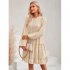 Women Long Sleeves Dress Summer Round Neck Slimming A line Skirt Simple Solid Color Elegant Short Dress dark apricot L