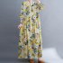 Women Long Sleeves Dress Retro Flower Printing Loose A line Skirt Casual Large Swing Pullover Midi Skirt yellow flower L