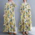 Women Long Sleeves Dress Retro Flower Printing Loose A line Skirt Casual Large Swing Pullover Midi Skirt yellow flower L