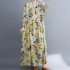 Women Long Sleeves Dress Retro Flower Printing Loose A line Skirt Casual Large Swing Pullover Midi Skirt yellow flower L