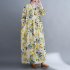 Women Long Sleeves Dress Retro Flower Printing Loose A line Skirt Casual Large Swing Pullover Midi Skirt yellow flower L