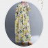Women Long Sleeves Dress Retro Flower Printing Loose A line Skirt Casual Large Swing Pullover Midi Skirt yellow flower L