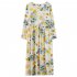 Women Long Sleeves Dress Retro Flower Printing Loose A line Skirt Casual Large Swing Pullover Midi Skirt yellow flower L