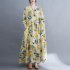 Women Long Sleeves Dress Retro Flower Printing Loose A line Skirt Casual Large Swing Pullover Midi Skirt yellow flower L