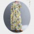 Women Long Sleeves Dress Retro Flower Printing Loose A line Skirt Casual Large Swing Pullover Midi Skirt yellow flower L