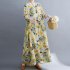 Women Long Sleeves Dress Retro Flower Printing Loose A line Skirt Casual Large Swing Pullover Midi Skirt yellow flower L