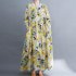 Women Long Sleeves Dress Retro Flower Printing Loose A line Skirt Casual Large Swing Pullover Midi Skirt yellow flower L