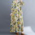 Women Long Sleeves Dress Retro Flower Printing Loose A line Skirt Casual Large Swing Pullover Midi Skirt yellow flower L