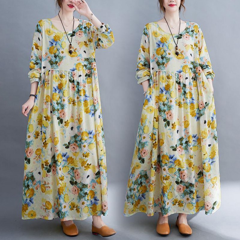 Women Long Sleeves Dress Retro Flower Printing Loose A-line Skirt Casual Large Swing Pullover Midi Skirt yellow flower 2XL