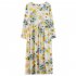 Women Long Sleeves Dress Retro Flower Printing Loose A line Skirt Casual Large Swing Pullover Midi Skirt yellow flower 2XL