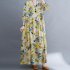 Women Long Sleeves Dress Retro Flower Printing Loose A line Skirt Casual Large Swing Pullover Midi Skirt yellow flower 2XL