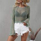 Women Long Sleeves Knitted Shirt Summer Flared Sleeves Loose Casual Beach Blouse Round Neck Hollow-out Tops green S
