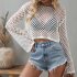 Women Long Sleeves Knitted Shirt Summer Flared Sleeves Loose Casual Beach Blouse Round Neck Hollow out Tops White M