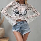 Women Long Sleeves Knitted Shirt Summer Flared Sleeves Loose Casual Beach Blouse Round Neck Hollow-out Tops White L