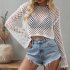 Women Long Sleeves Knitted Shirt Summer Flared Sleeves Loose Casual Beach Blouse Round Neck Hollow out Tops White M